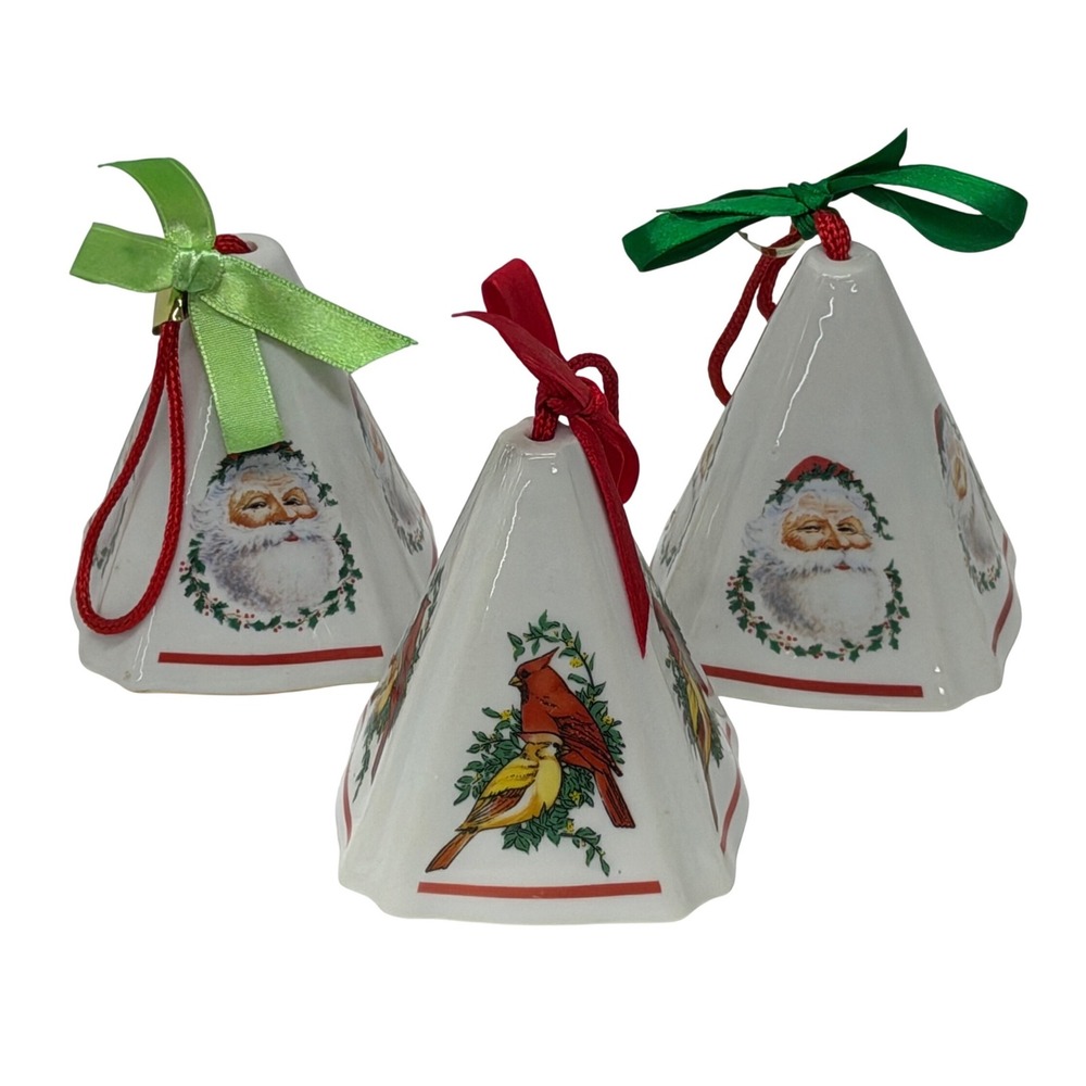 VTG Giftco Christmas Tree Ornaments Bells Santa Cardinal Porcelain White Set 3